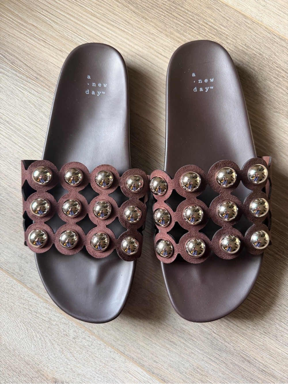 a new day Brown Slide Sandals with Gold Studs